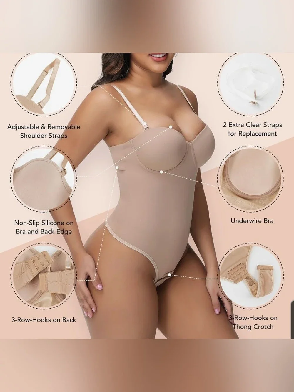 Nude Shapewear Bodysuit with Underwire Bra & Removable Straps SM